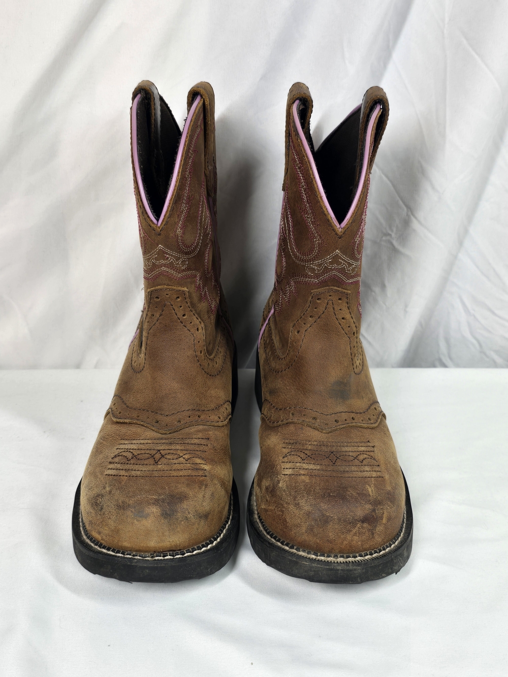 Justin Gypsy Brown Leather Pink Accent Steel Toe Work Boots Size 10 B GY9980